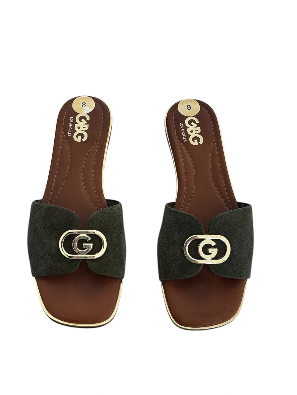 GBG Los Angeles Olive Suede Slide Sandals with Gold Logo